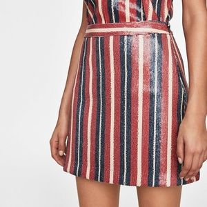 Zara Cream/Navy Blue Striped Sequin Mini Skirt Size XS